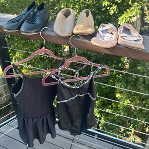 Dancer’s bundle with 2 leotards (size 8-10) and jazz, tap and ballet shoes.